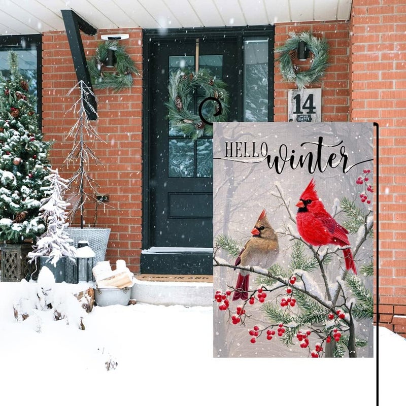 BLKWHT Winter Cardinal Bird Garden Flag 12x18 Vertical Double Sided Farmhouse Trees Snow Christmas Holiday Outside Decorations Burlap Yard Flag BW233 - Image 2